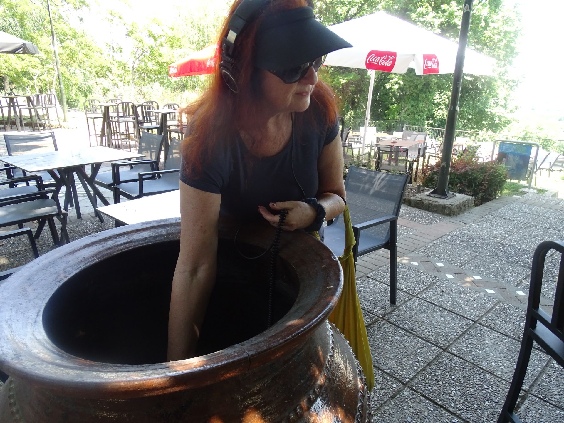 Ros Bandt recording a 75 metre waterfall resonating through an ancient Greek urn, Edessa North Greece