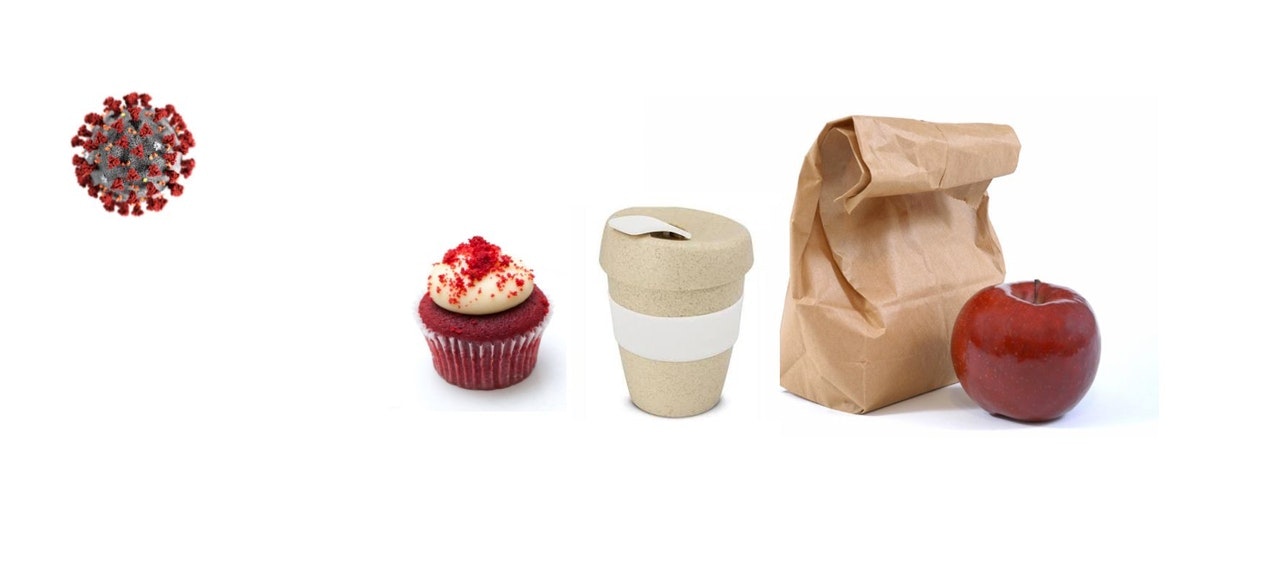 White background with (Left to right) a graphic of CoVID virus cell, a small cake with white icing, a takeaway coffee cup, a brown paper bag like a lunch bag and a red apple.
